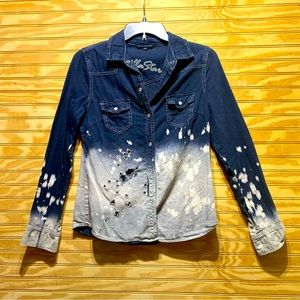 Vanilla Star Y2K Small long sleeve distressed light weight denim pearl buttons